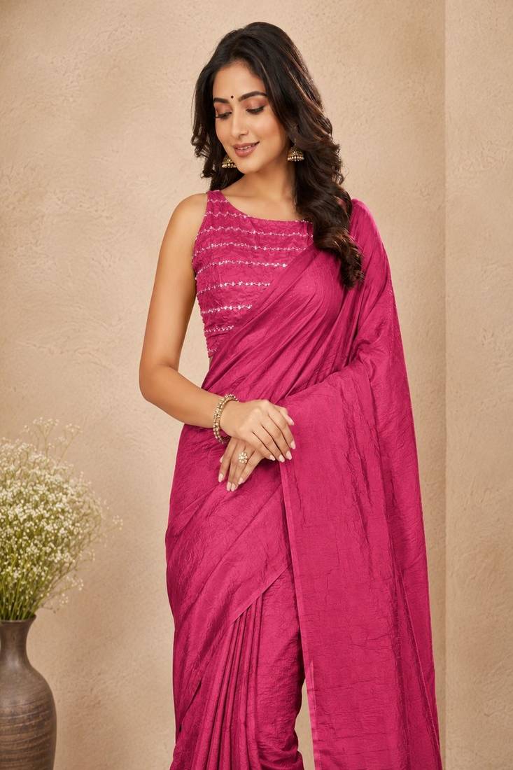 women   s pink designer embroidered blouse party wear & festive saree