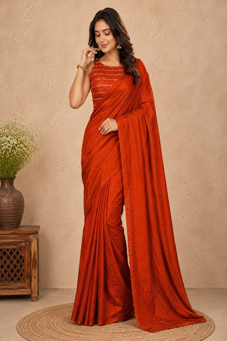 women   s rust designer embroidered blouse party wear & festive saree