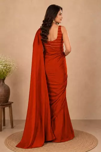 women   s rust designer embroidered blouse party wear & festive saree