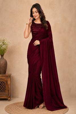 women   s maroon designer embroidered blouse party wear & festive saree 1