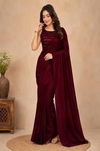 women   s maroon designer embroidered blouse party wear & festive saree