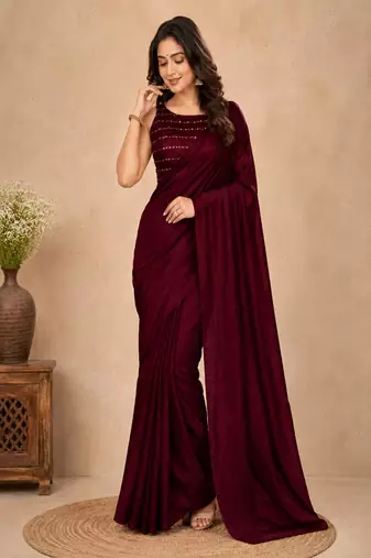 women   s maroon designer embroidered blouse party wear & festive saree