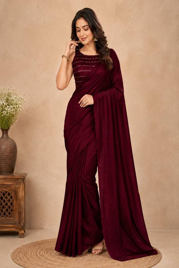 women   s maroon designer embroidered blouse party wear & festive saree