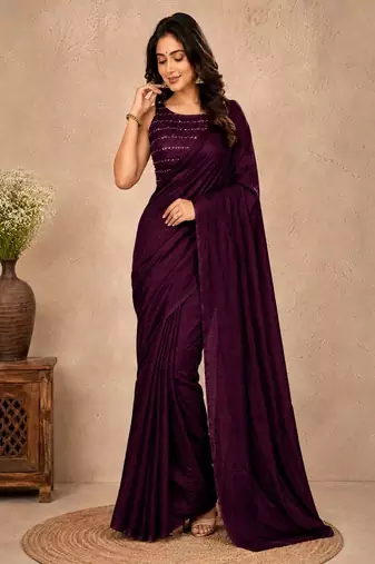 women   s dark_purple designer embroidered blouse party wear & festive saree