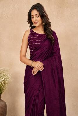 women   s dark_purple designer embroidered blouse party wear & festive saree 3