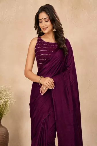 women   s dark_purple designer embroidered blouse party wear & festive saree