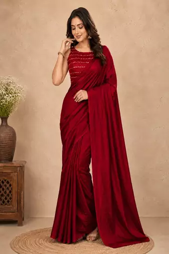 women   s red designer embroidered blouse party wear & festive saree