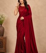 women   s red designer embroidered blouse party wear & festive saree
