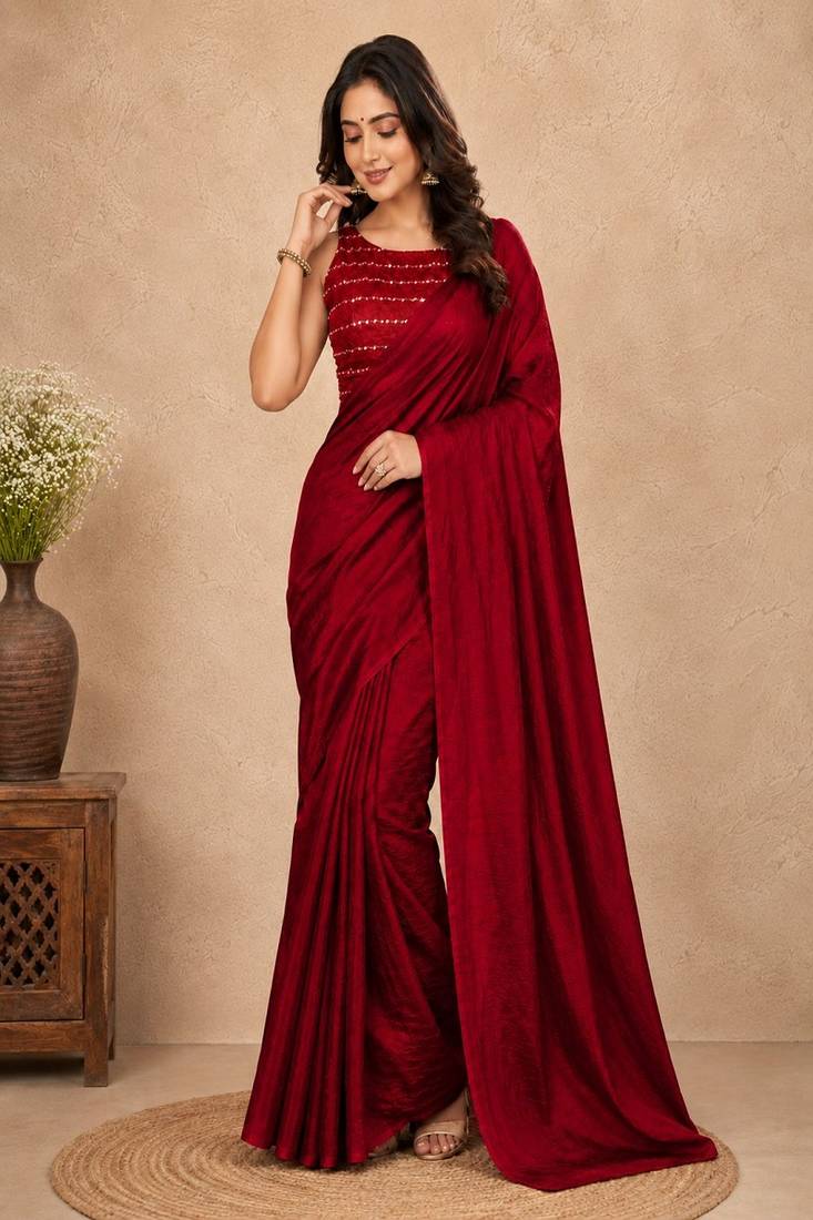 women   s red designer embroidered blouse party wear & festive saree