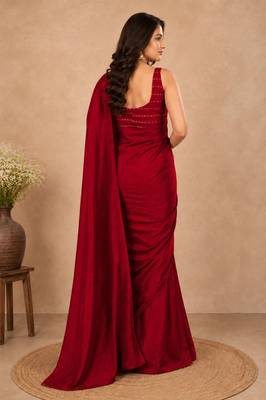 women   s red designer embroidered blouse party wear & festive saree 2
