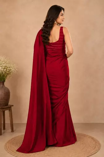 women   s red designer embroidered blouse party wear & festive saree
