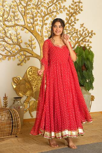 Navy georgette readymade anarkali suit with bandhej work