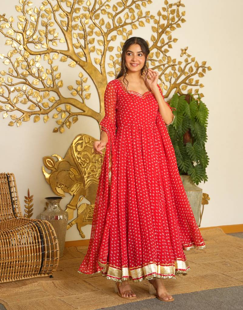 Navy georgette readymade anarkali suit with bandhej work