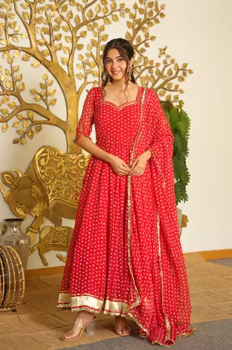 Navy georgette readymade anarkali suit with bandhej work