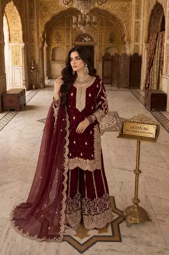 Maroon silk blend readymade suit with embroidery & sequence work