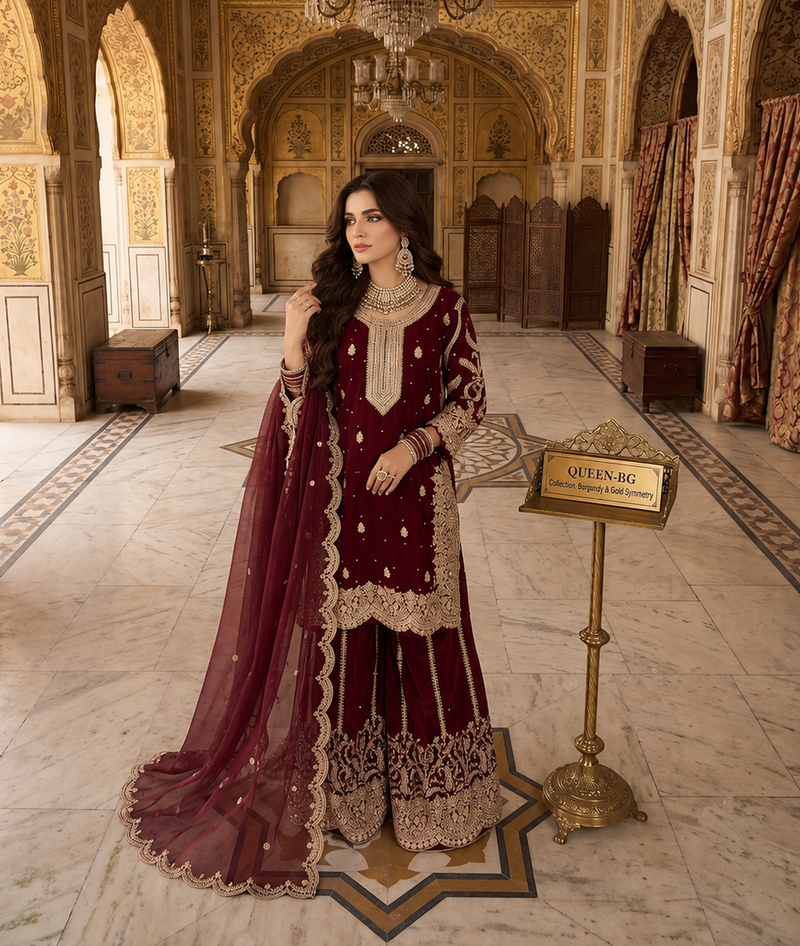Maroon silk blend readymade suit with embroidery & sequence work