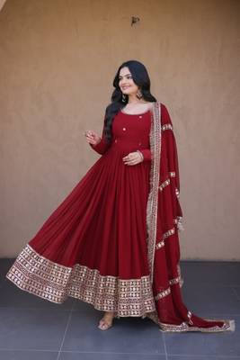 Maroon georgette readymade anarkali suit with embroidery & sequence work 1