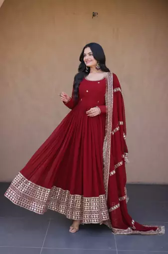 Maroon georgette readymade anarkali suit with embroidery & sequence work