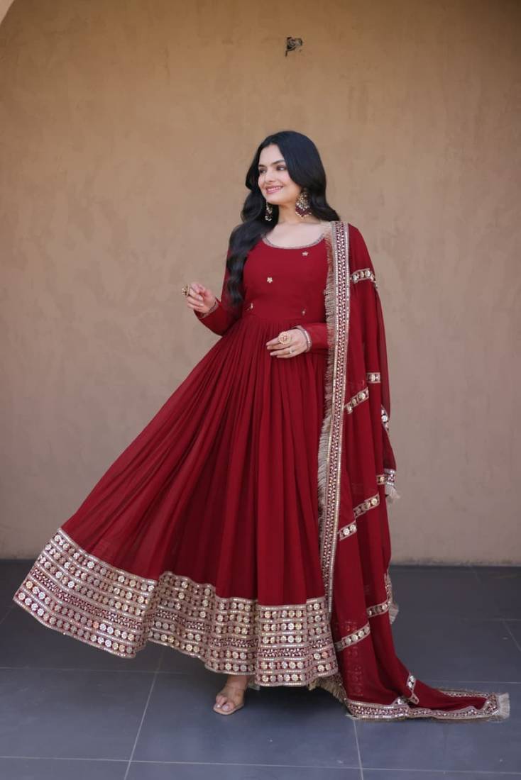 Maroon georgette readymade anarkali suit with embroidery & sequence work