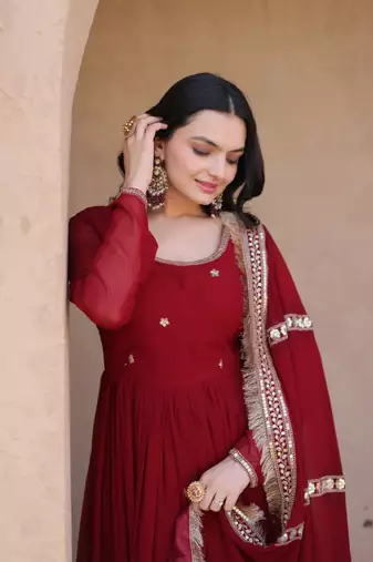 Maroon georgette readymade anarkali suit with embroidery & sequence work