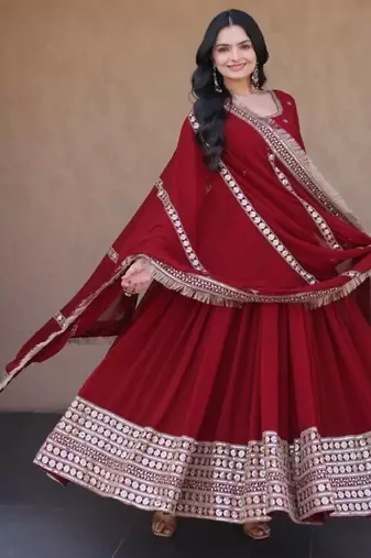 Maroon georgette readymade anarkali suit with embroidery & sequence work