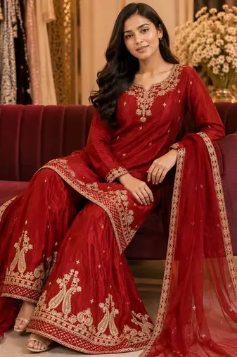 Maroon embroidered velvet kurta palazzo set with dupatta