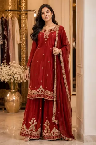 Maroon embroidered velvet kurta palazzo set with dupatta