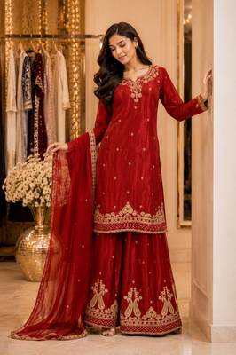 Maroon embroidered velvet kurta palazzo set with dupatta 5