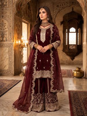 Maroon silk blend readymade suit with embroidery & sequence work 2