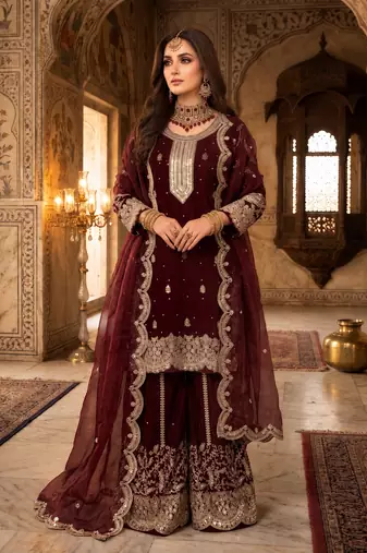 Maroon silk blend readymade suit with embroidery & sequence work