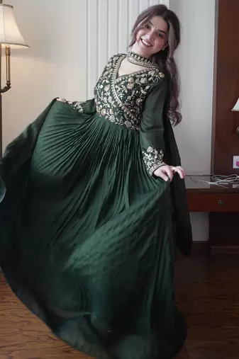 Mehendi vichitra readymade anarkali suit with embroidery & beads work