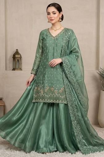 Sea green silk blend readymade suit with embroidery & sequence work