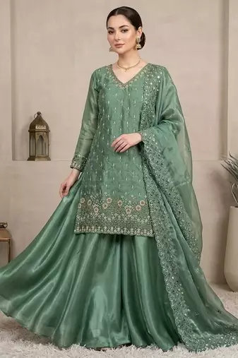 Sea green silk blend readymade suit with embroidery & sequence work