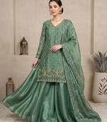 Sea green silk blend readymade suit with embroidery & sequence work