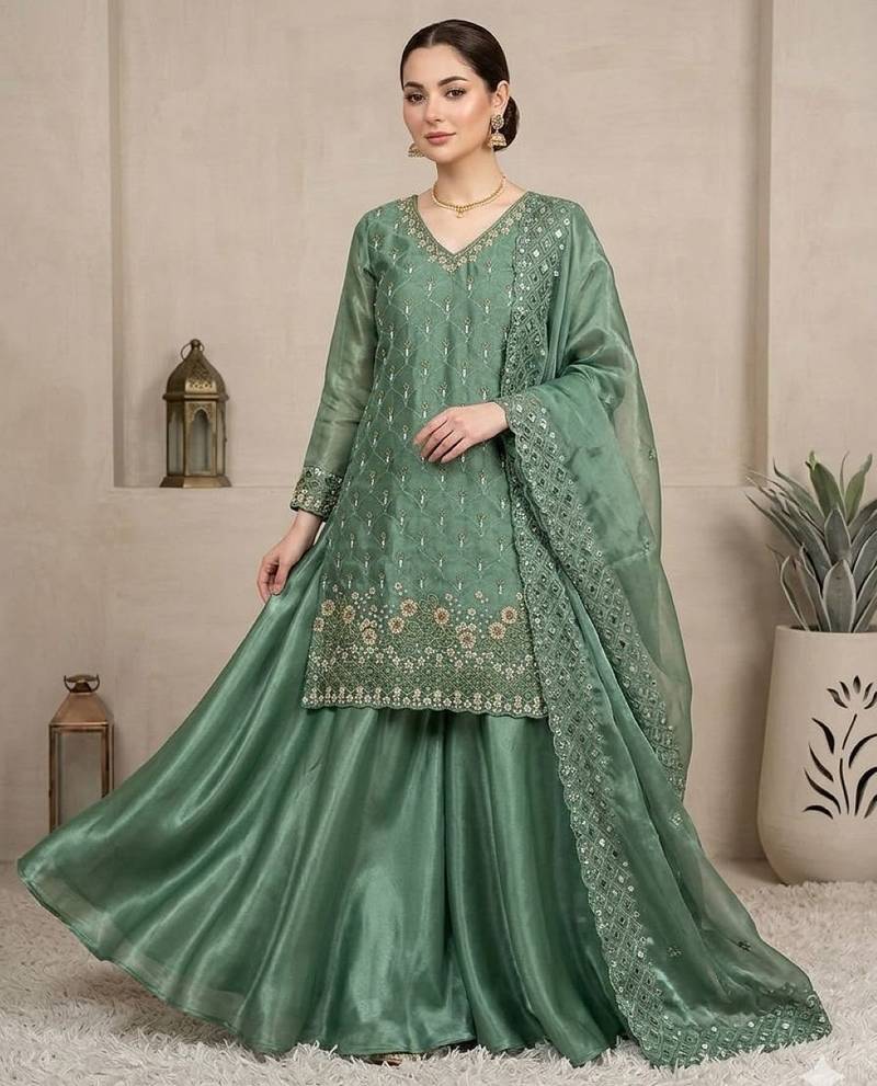 Sea green silk blend readymade suit with embroidery & sequence work