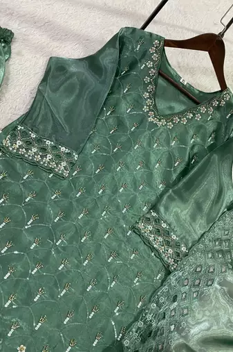 Sea green silk blend readymade suit with embroidery & sequence work