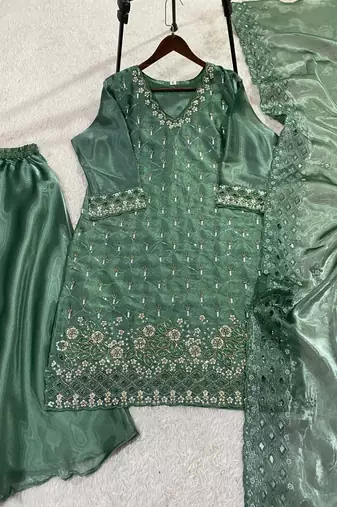 Sea green silk blend readymade suit with embroidery & sequence work