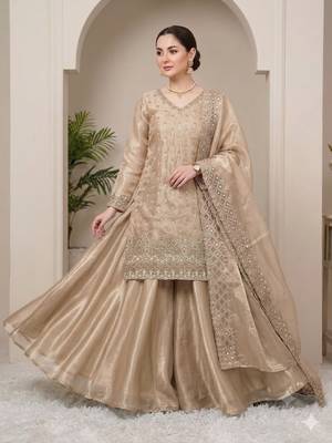 Cream silk blend readymade suit with embroidery & sequence work 1