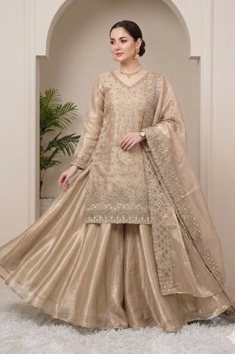 Cream silk blend readymade suit with embroidery & sequence work