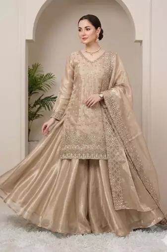 Cream silk blend readymade suit with embroidery & sequence work