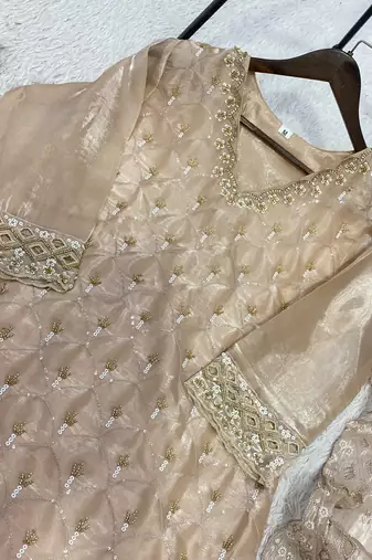 Cream silk blend readymade suit with embroidery & sequence work