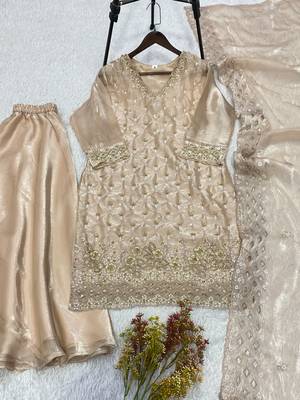 Cream silk blend readymade suit with embroidery & sequence work 3