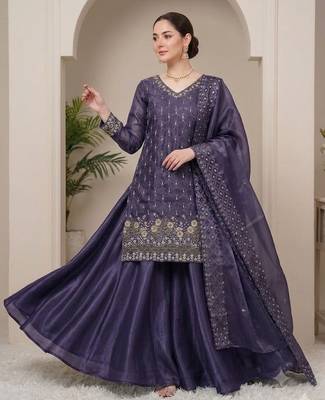 Purple silk blend readymade suit with embroidery & sequence work 1