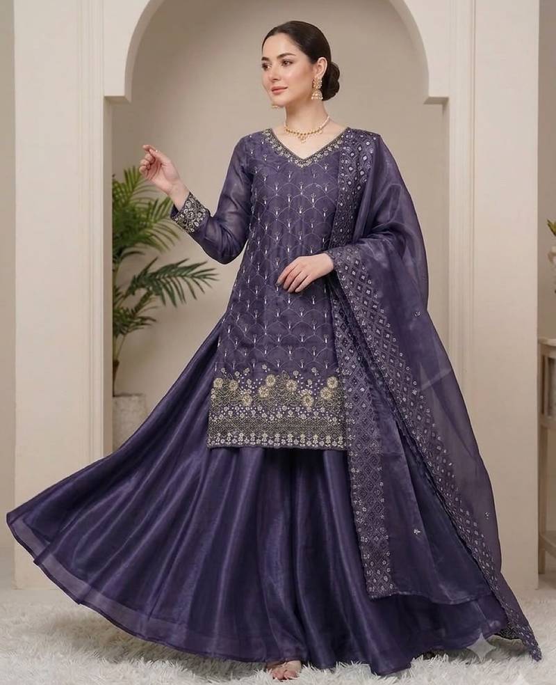 Purple silk blend readymade suit with embroidery & sequence work