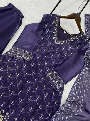 Purple silk blend readymade suit with embroidery & sequence work 2