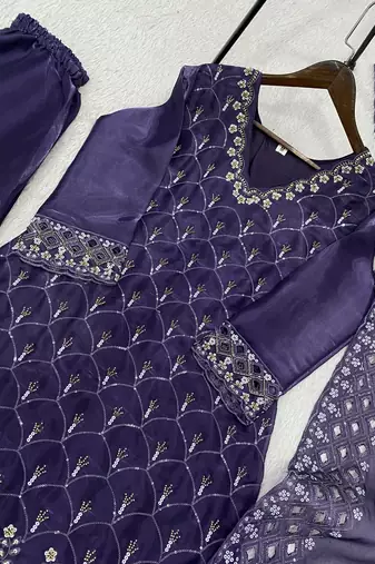 Purple silk blend readymade suit with embroidery & sequence work