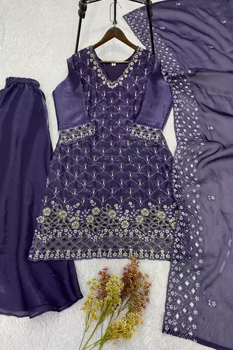 Purple silk blend readymade suit with embroidery & sequence work