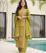 Olive chinon readymade suit with zari & thread embroidered work