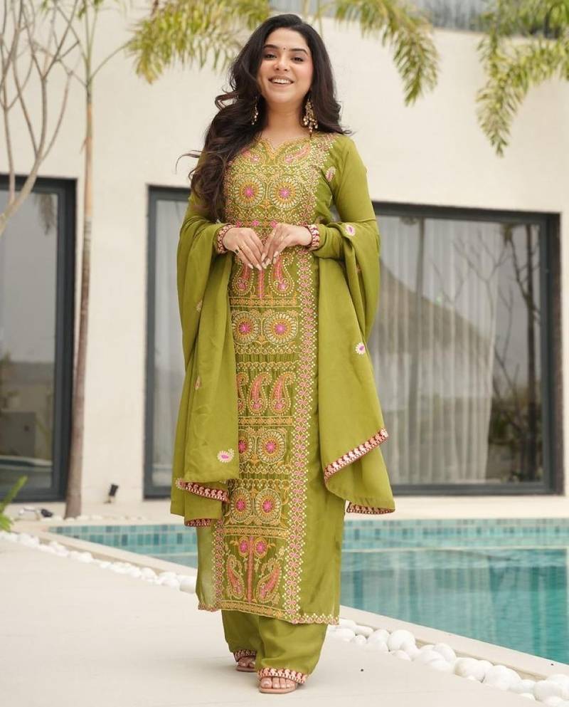 Olive chinon readymade suit with zari & thread embroidered work