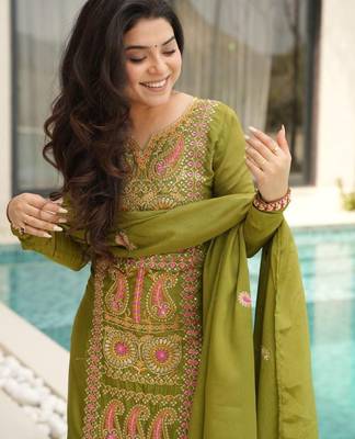 Olive chinon readymade suit with zari & thread embroidered work 2